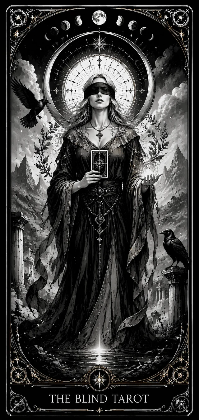Original black-and-white Blind Tarot website artwork featuring a blindfolded figure beneath moon phases