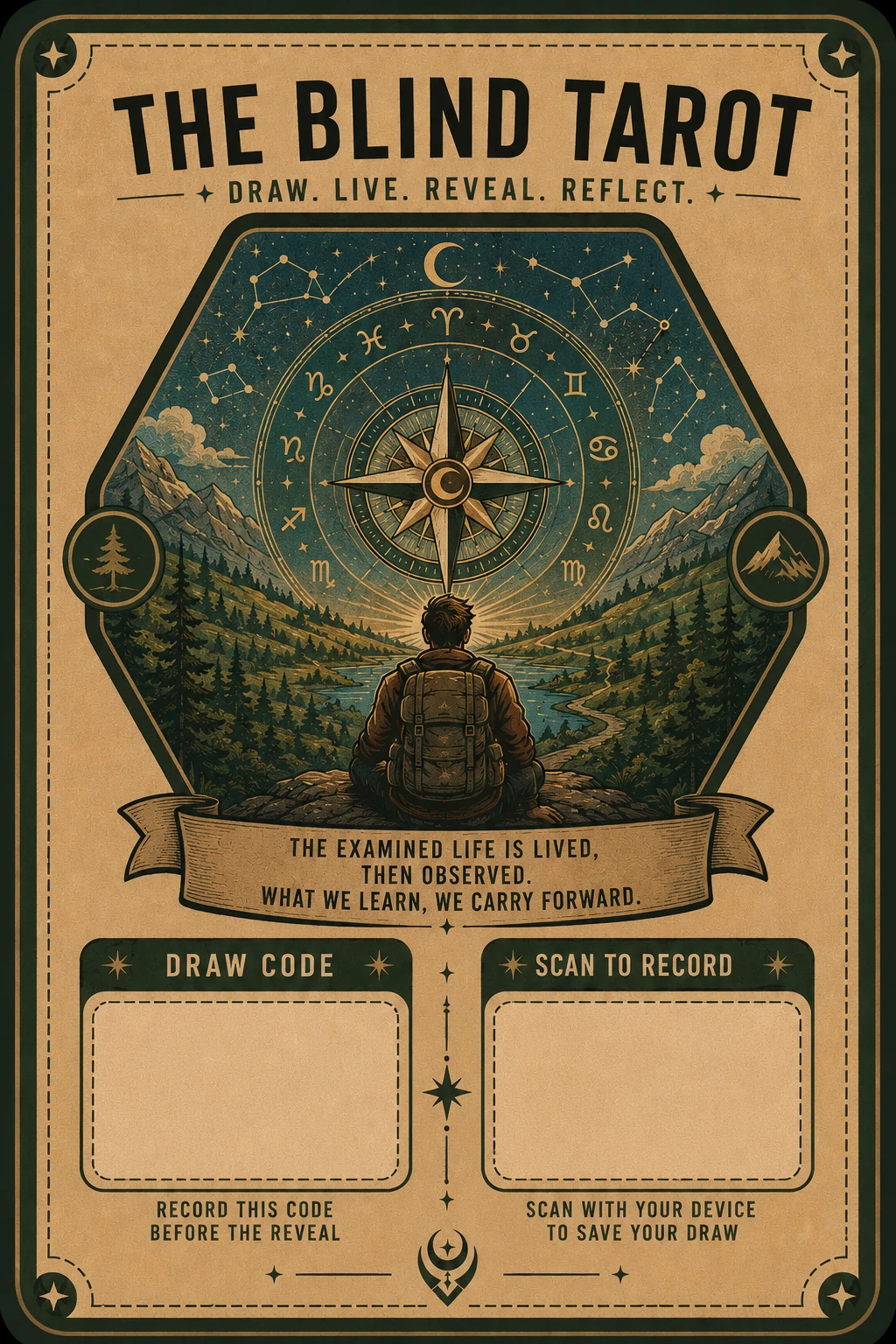 Prototype Blind Tarot field card showing an explorer, mountains, celestial compass, draw-code panel, and scan-to-record panel
